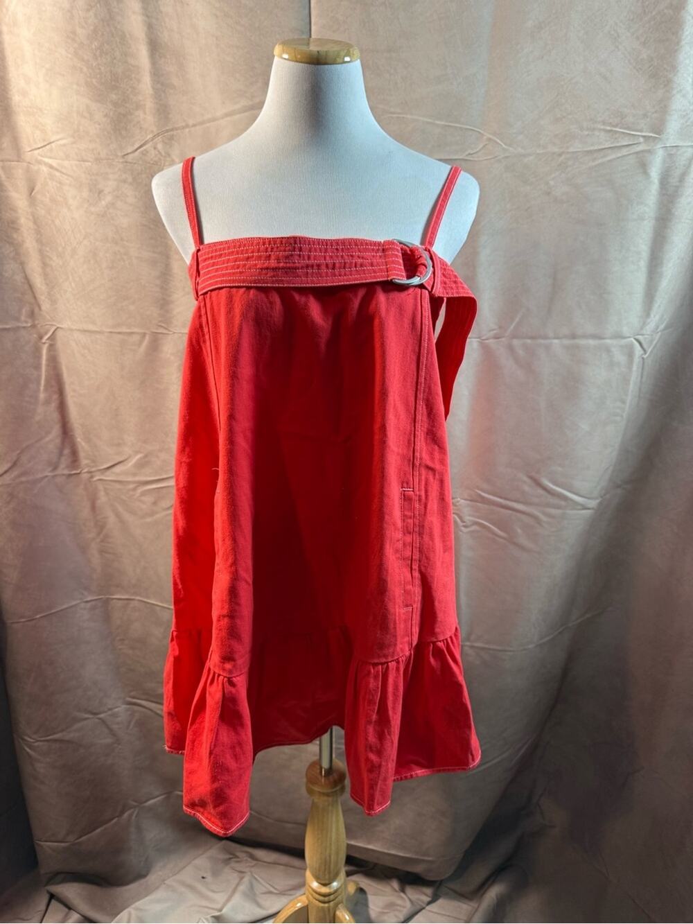 52-Red Women's Spaghetti Strap Ruffle-Hem Top